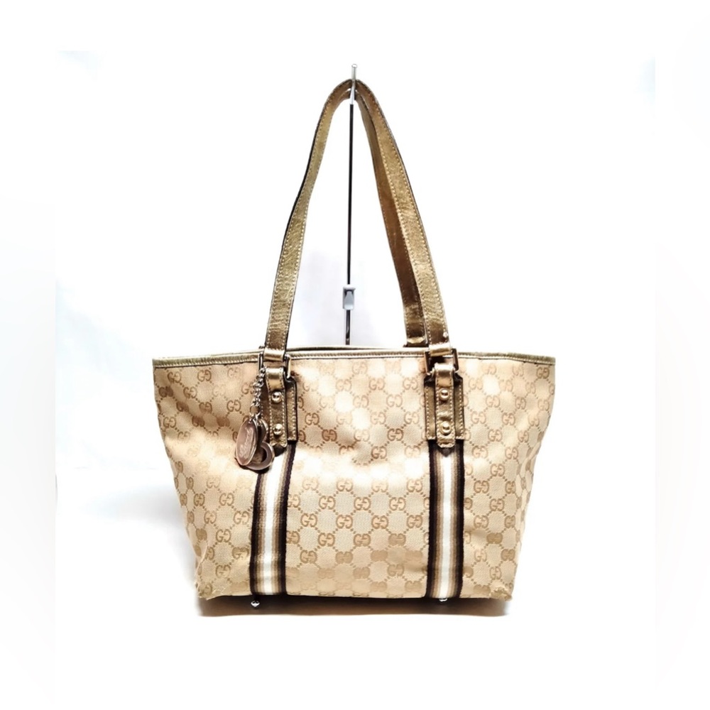 Authenticated Gucci Tote Bag With Heart Charm Canvas 139261 Brown & Beige